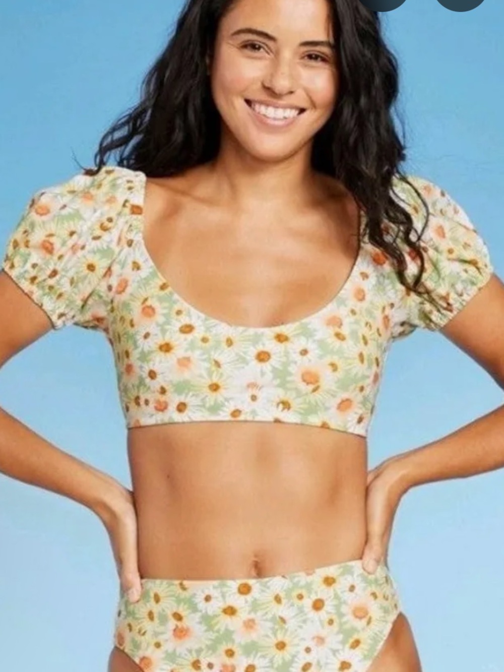 wild fable Floral Ruffle Off-Shoulder Bikini Top in White and Orange